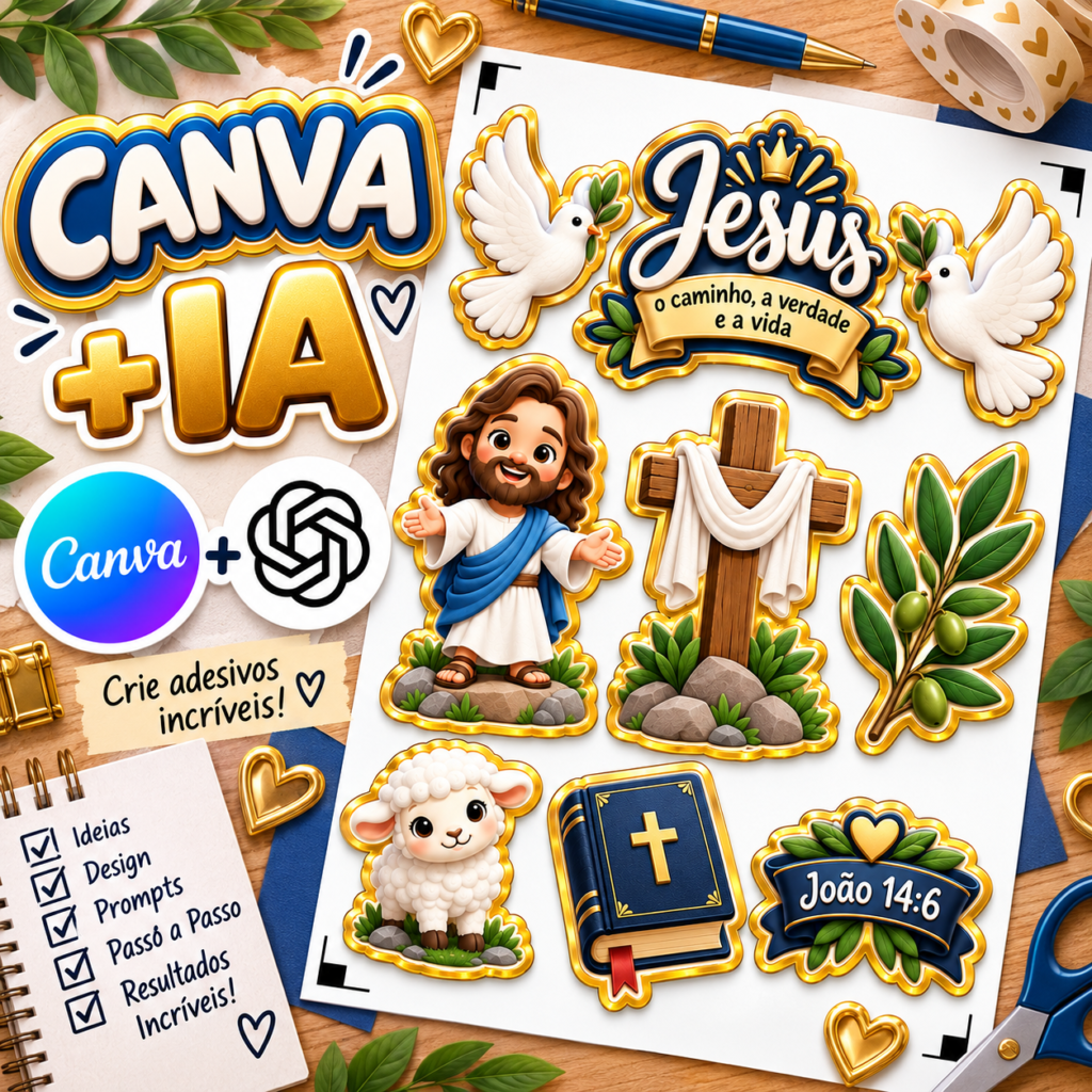 Como Criar uma Folha de Adesivos de Jesus no Canva com IA (Tutorial Fácil)